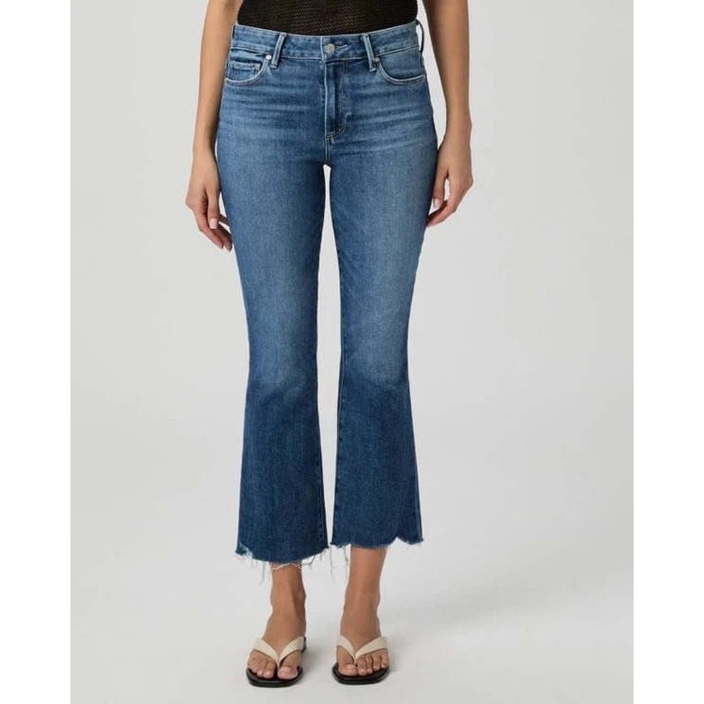 Paige Colette Crop Flare Jeans Medium Wash Blue High Rise 29 Distressed Hem